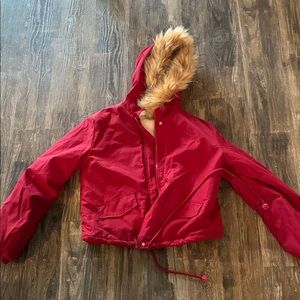 SHEIN Vibrant Red Puffer Jacket with Faux Fur Hood